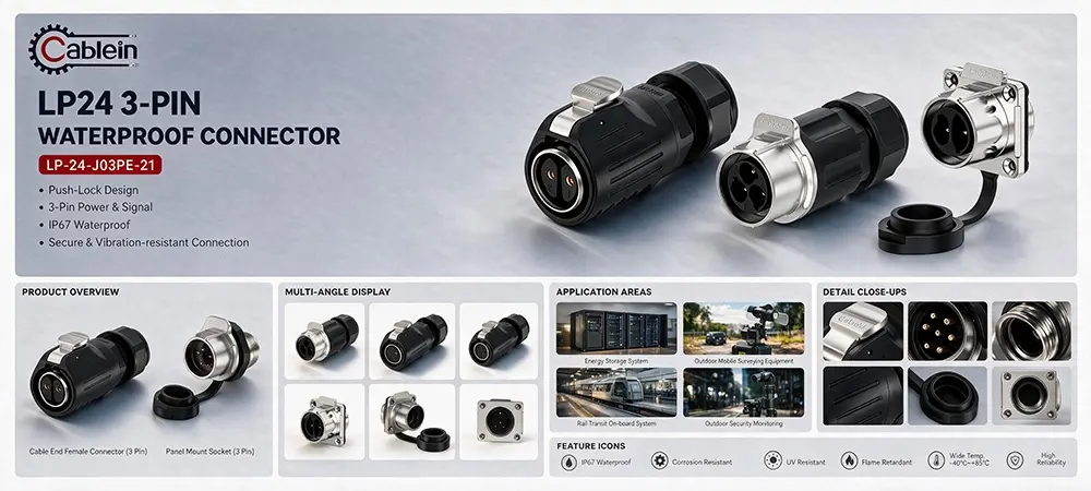 LP24 3-Pin Screw Terminal Waterproof Connector Product Brief