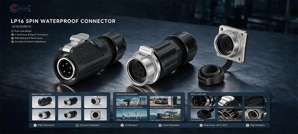 LP16 5-Pin Metal-Plastic Waterproof Solder Connector Product Brief