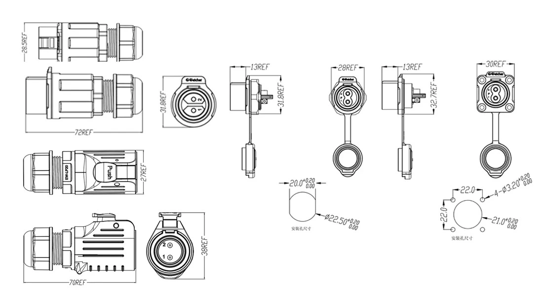 LP20 2-Pin Metal+Plastic Waterproof Cable Connector