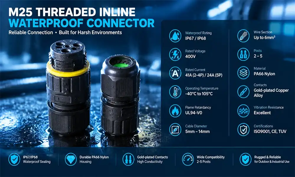 M25 threaded inline waterproof connector