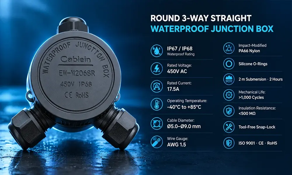round 3-way straight waterproof junction box