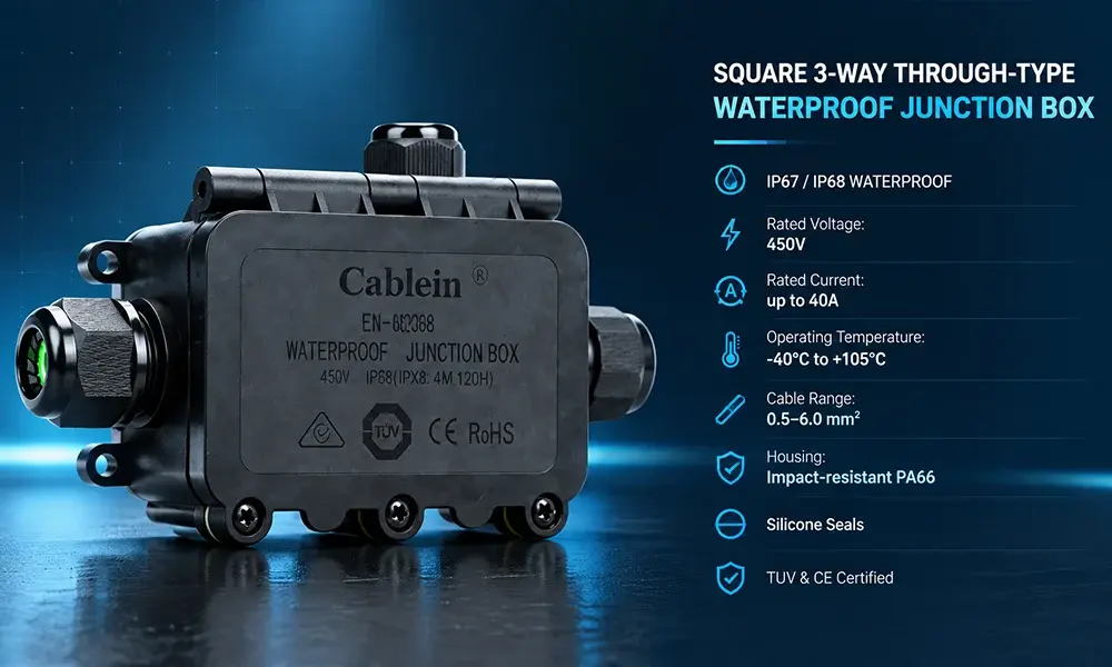 square 3-way through-type waterproof junction box