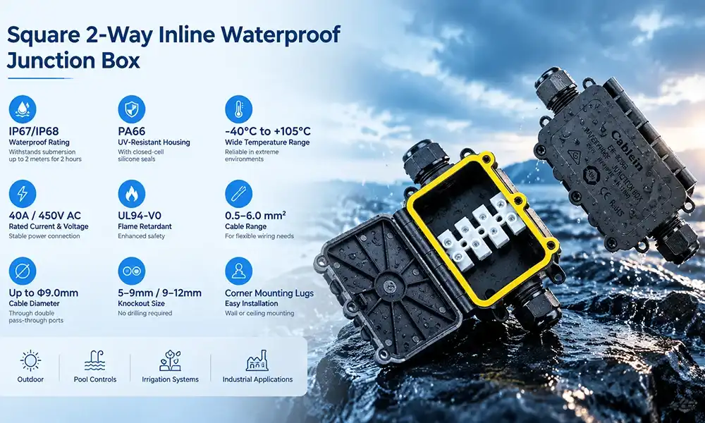 square 2-way inline waterproof junction box