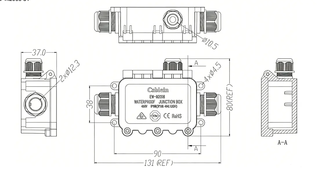 Square 3-Way Through-Type Waterproof Junction Box