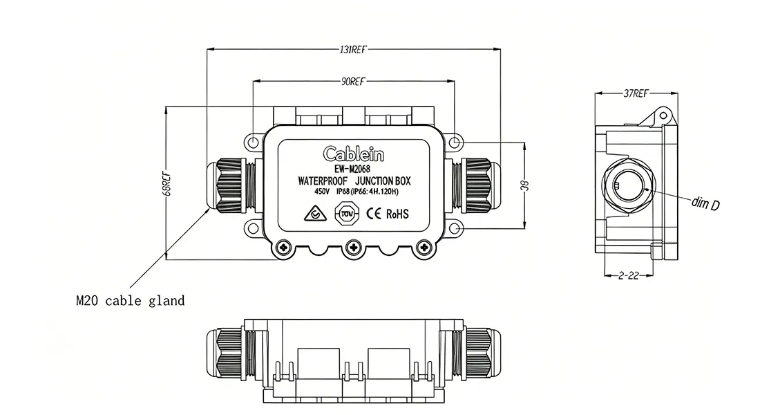 Square 2-Way Inline Waterproof Junction Box Square 2-Way Inline Waterproof Junction Box