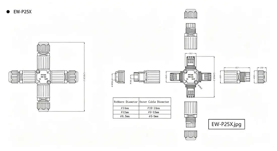 M25 Feed-Through Cross-Type Waterproof Connector M25 Feed-Through Cross-Type Waterproof Connector