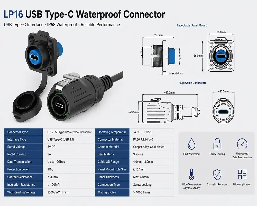 LP16 USB Type-C waterproof connector LP16 USB Type-C waterproof connector