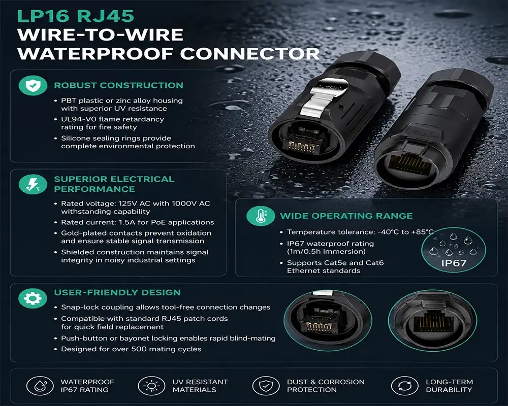 LP16 RJ45 wire-to-wire waterproof connector