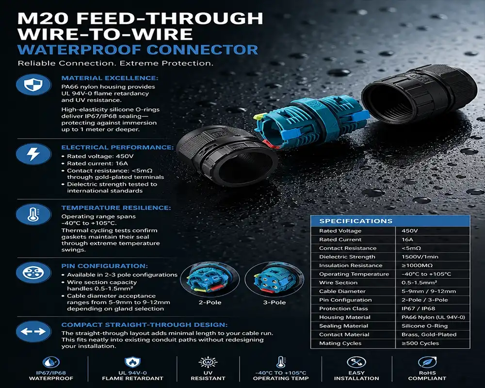 M20 Feed-Through Wire-to-Wire Waterproof Connector