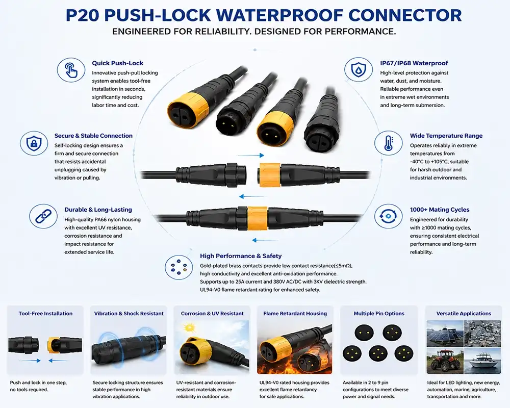 P20 push-Lock waterproof connector advantage