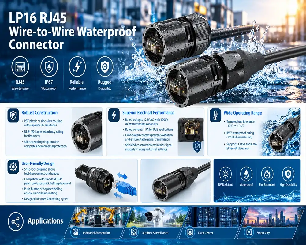 LP16 RJ45 wire-to-wire waterproof connector