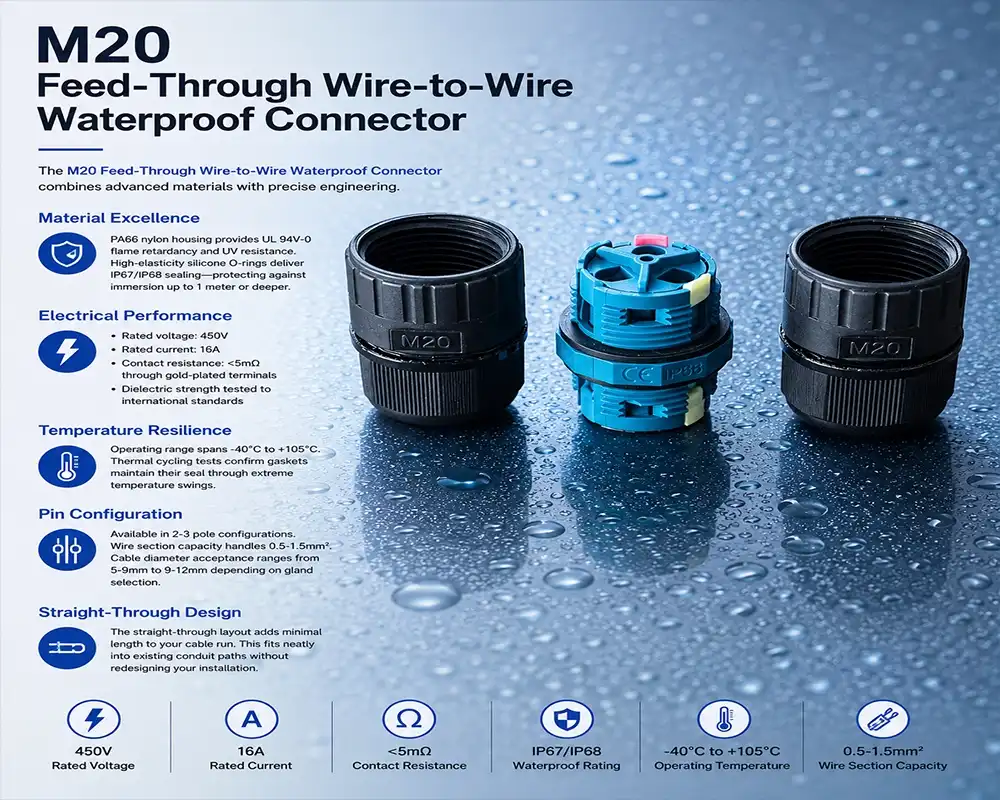 M20 Feed-Through Wire-to-Wire Waterproof Connector