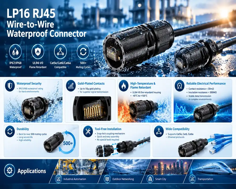 LP16 RJ45 wire-to-wire waterproof connector