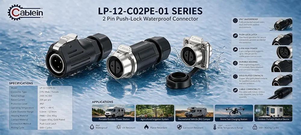 LP12 2-Pin 5A Metal-Plastic Waterproof Connector Product Brief LP12 2-Pin 5A Metal-Plastic Waterproof Connector Product Brief